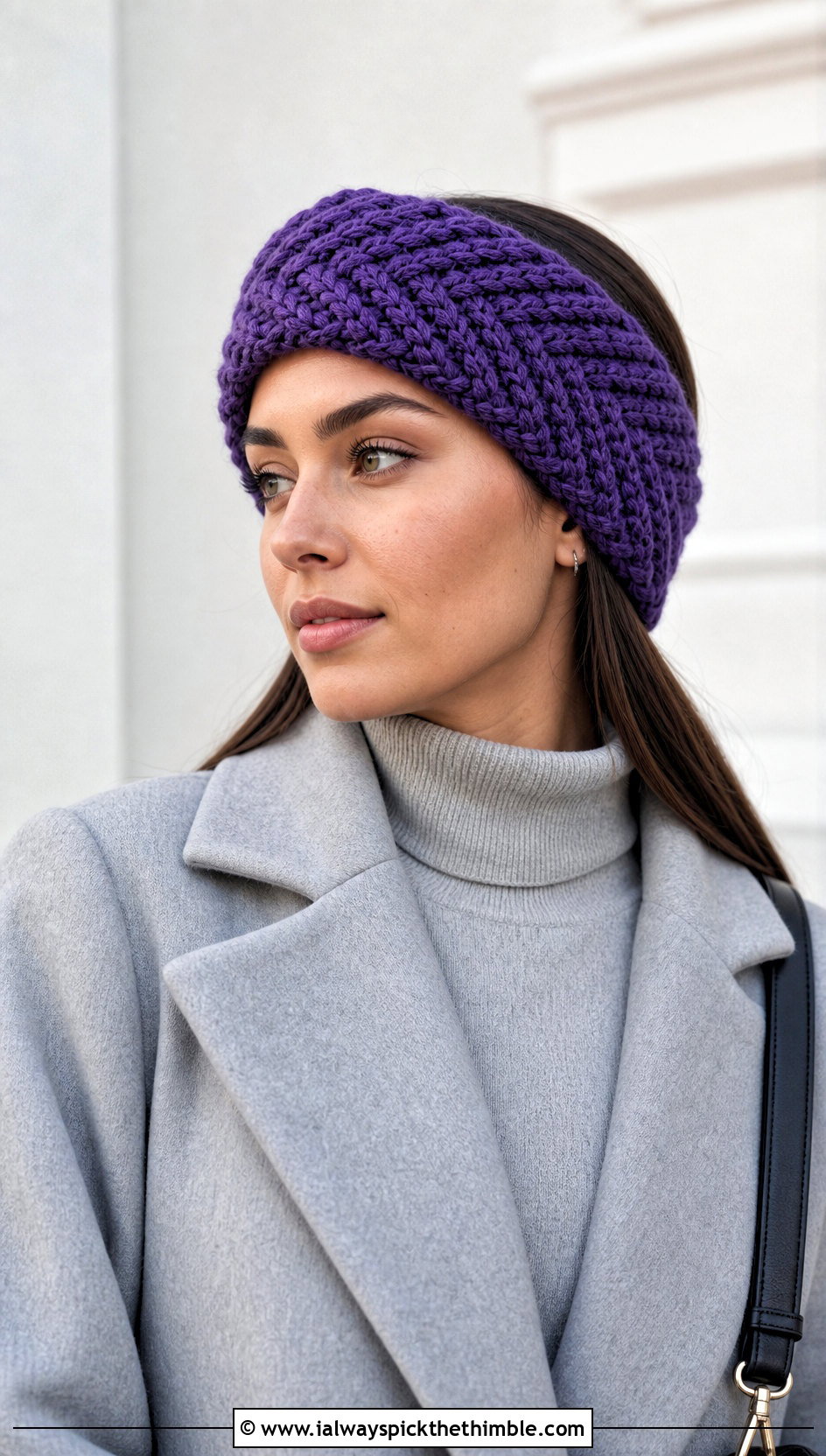 Herringbone Bulky Yarn Crochet Headband With Monochrome Outfit - 20 bulky yarn crochet headband outfit ideas