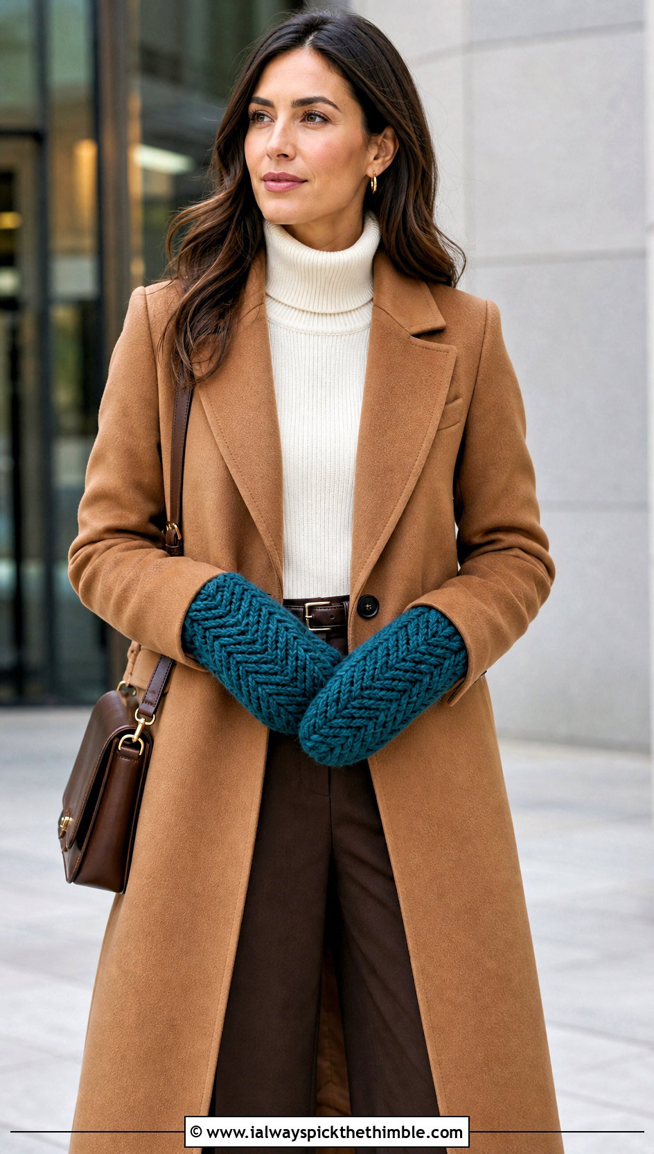 Herringbone Bulky Yarn Crochet Mittens With Wool Coat And Trousers - 20 Crochet Mittens Bulky Yarn outfit ideas