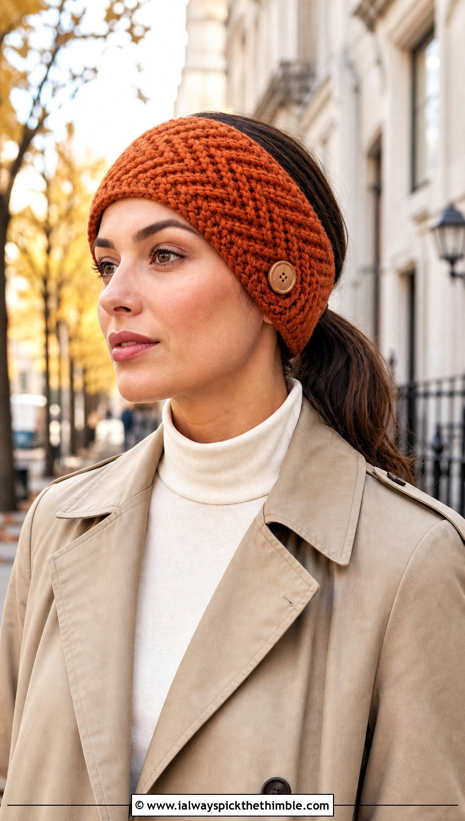 Herringbone Button Crochet Ear Warmer With Trench Coat And Wide Leg Jeans - 15 Crochet Button Headband outfit ideas