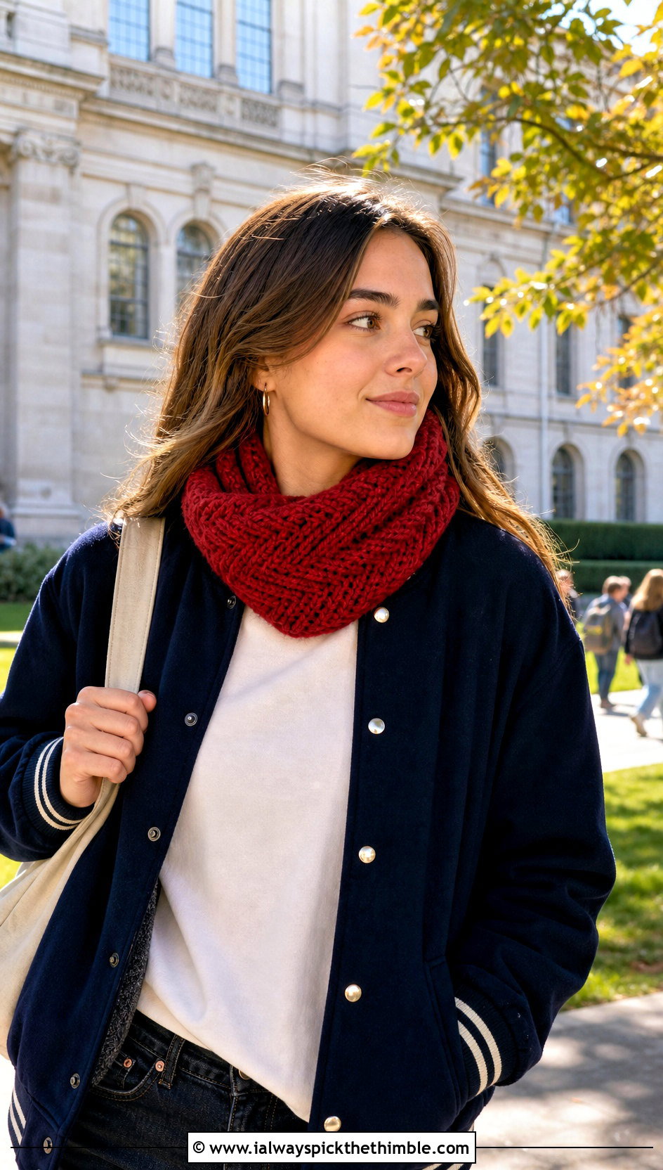 Herringbone Cowl Neck Crochet Scarf With Varsity Jacket - 20 Cowl Neck Crochet Scarf outfit ideas