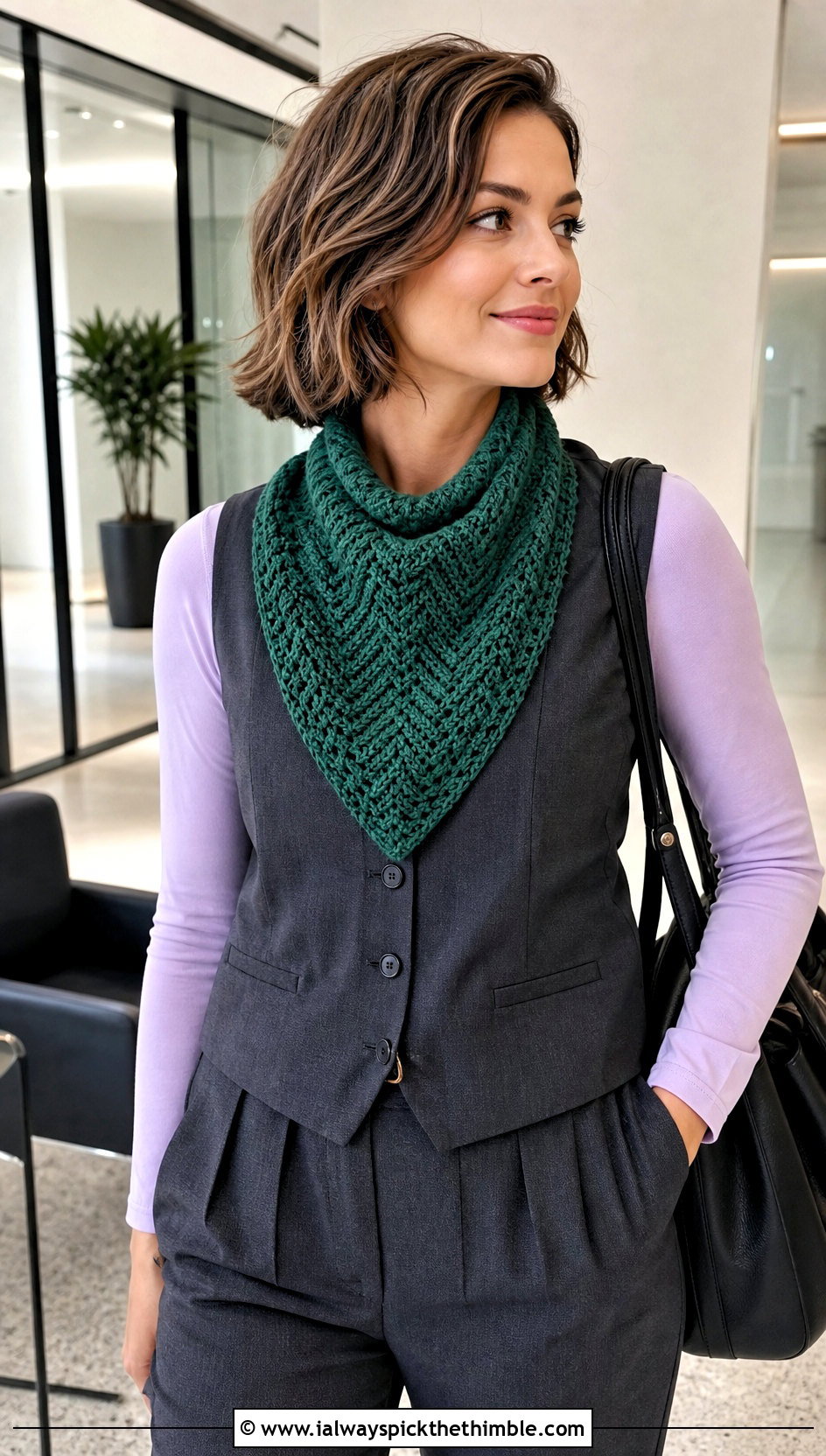 Herringbone Crochet Bandana Cowl With Tailored Vest - 20 crochet bandana cowl outfit ideas