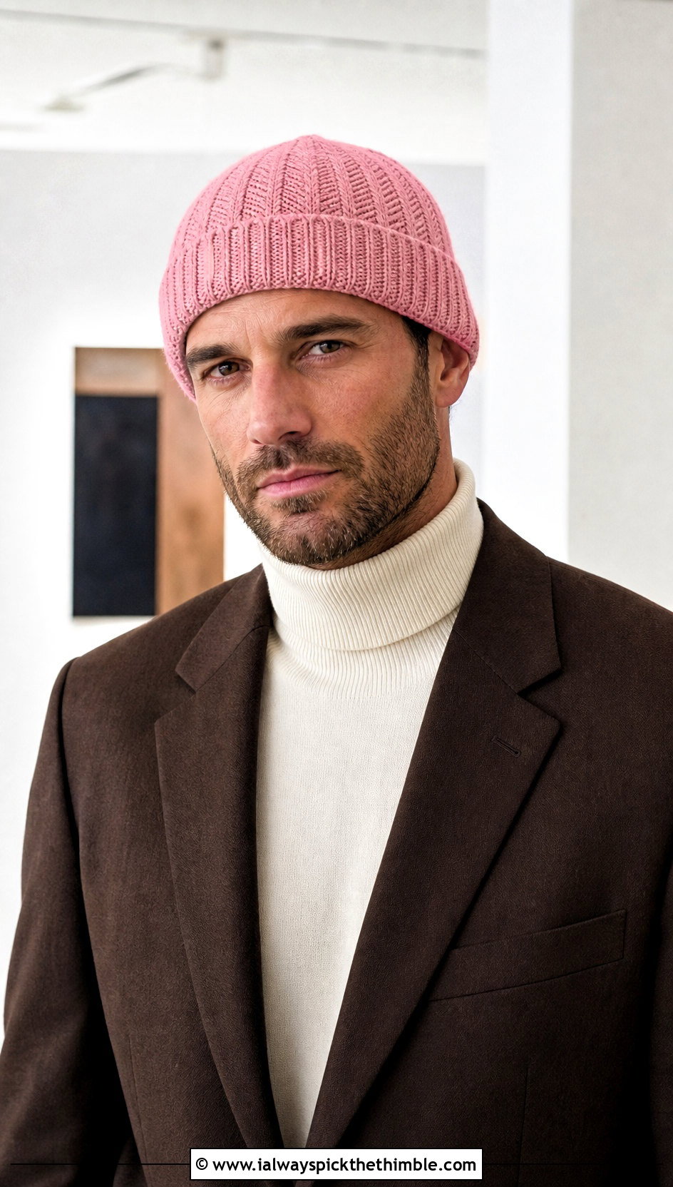 Herringbone Crochet Beanie With Casual Suit - 20 easy crochet beanie for men outfit ideas