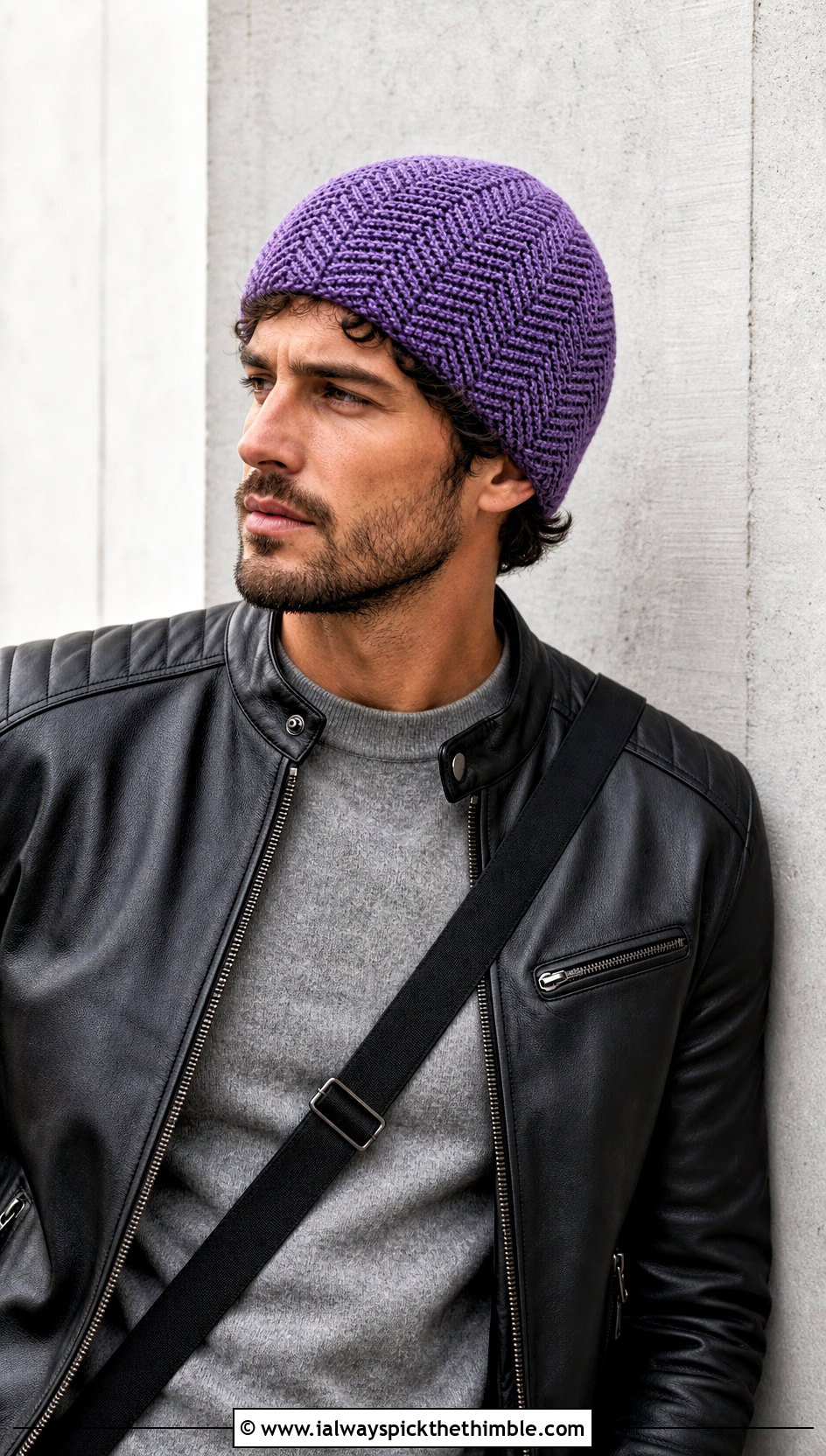 Herringbone Crochet Beanie With Leather Jacket - 20 crochet for men's beanies outfit ideas