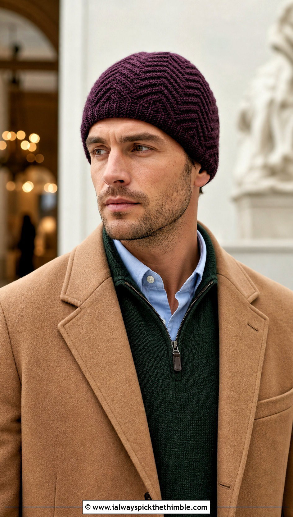 Herringbone Crochet Beanie With Old Money Outfit - 20 Crochet Mens Winter Hat outfit ideas