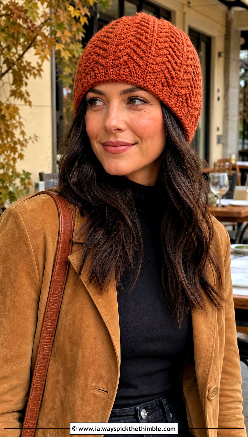 Herringbone Crochet Beanie With Suede Jacket - 20 Fall Crochet Beanie outfit ideas