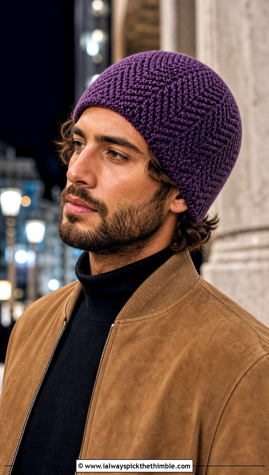 Herringbone Crochet Beanie With Suede Jacket - 25 Men Crochet Beanie outfit ideas