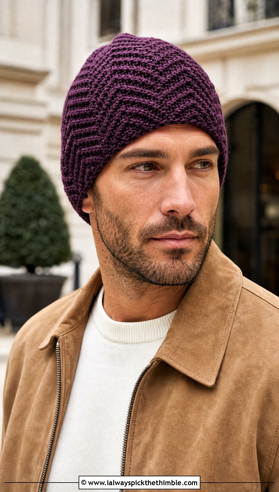 Herringbone Crochet Beanie With Suede Jacket - 20 easy men's crochet beanie outfit ideas