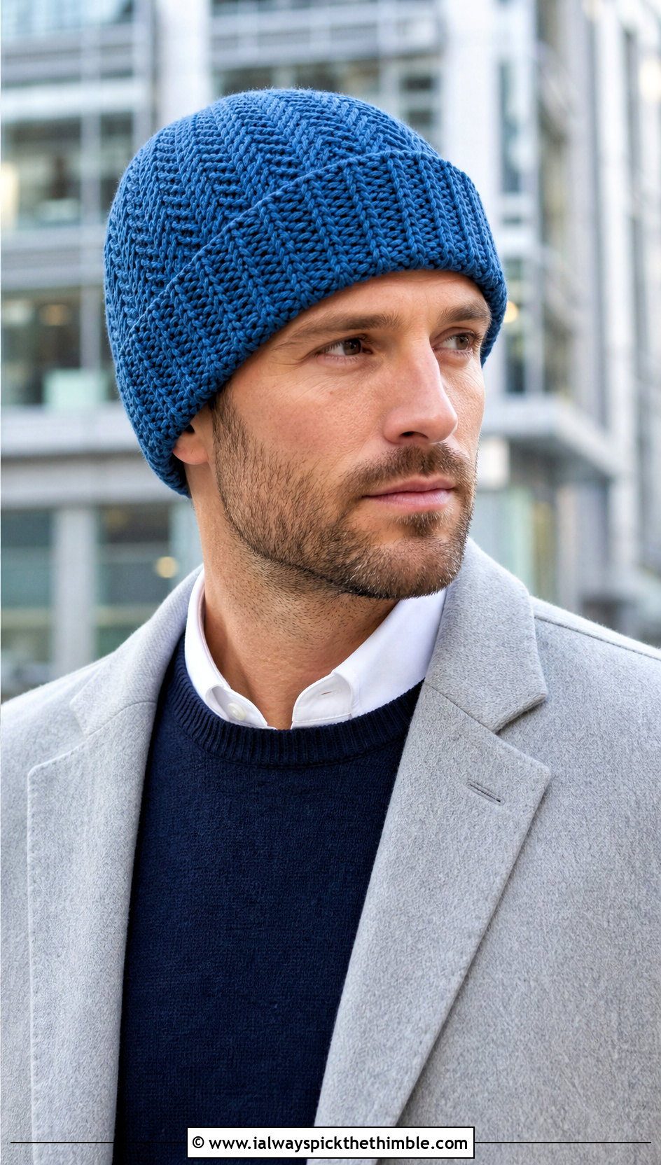 Herringbone Crochet Beanie With Topcoat And Sneakers - 20 mens winter crochet hats outfit ideas