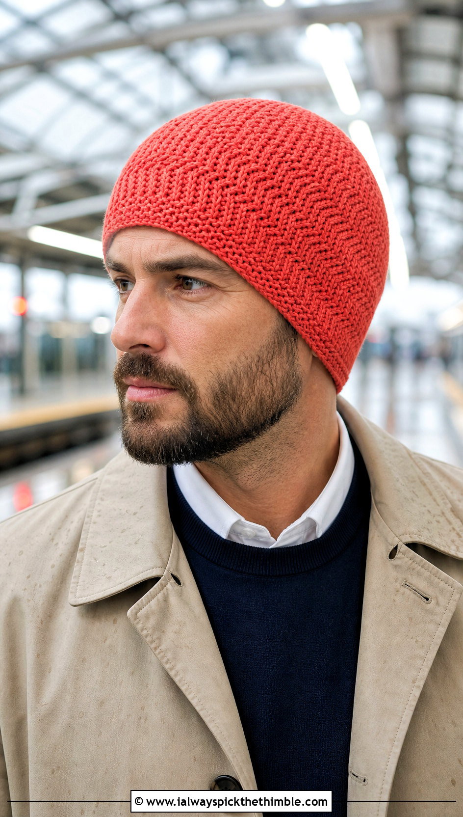 Herringbone Crochet Beanie With Trench Coat - 25 crochet beanie for men outfit ideas