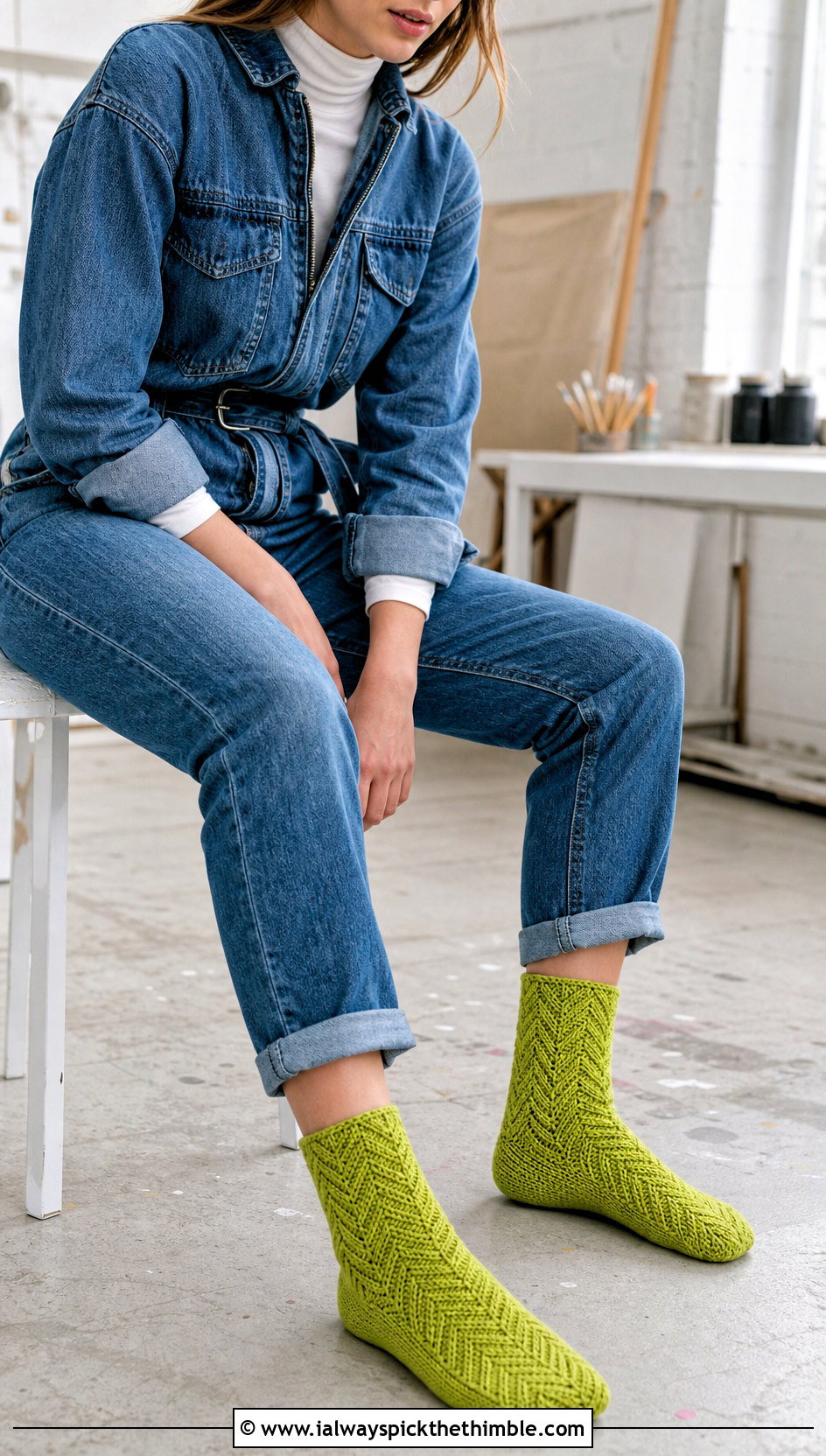 Herringbone Crochet Bed Socks With Denim Jumpsuit - 25 crochet bed socks outfit ideas