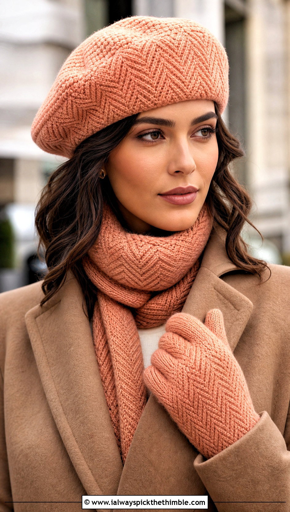 Herringbone Crochet Beret Scarf And Mittens With Camel Coat - 20 Crochet Hat Mittens Scarf Set outfit ideas