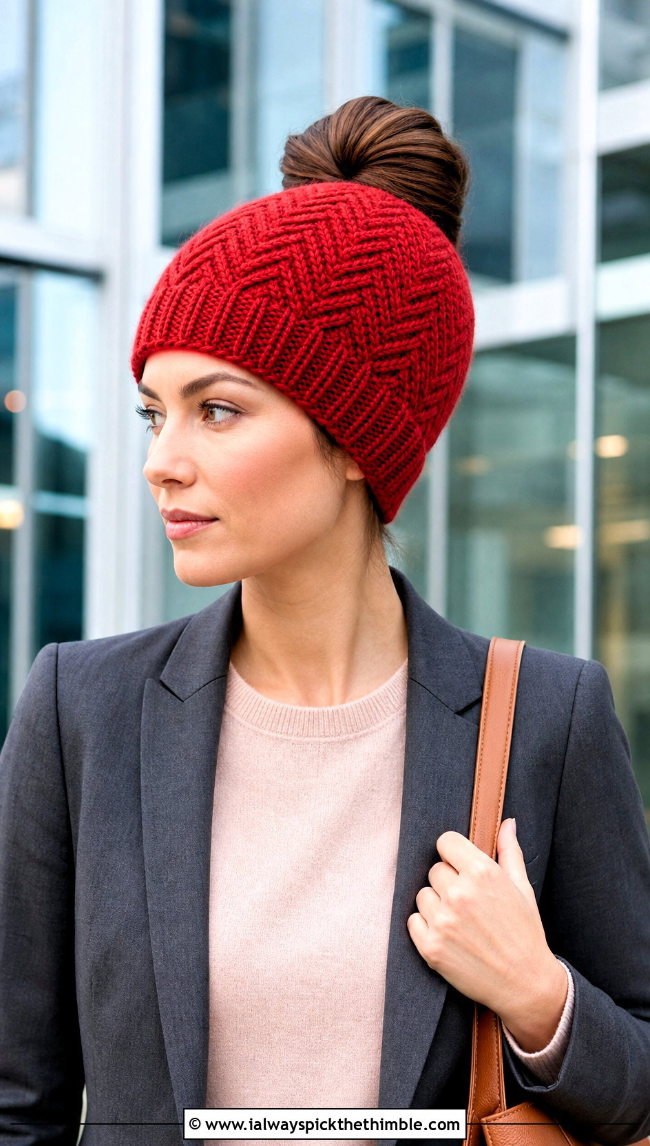 Herringbone Crochet Bun Beanie With Blazer And Pleated Trousers - 25 crochet bun hat outfit ideas