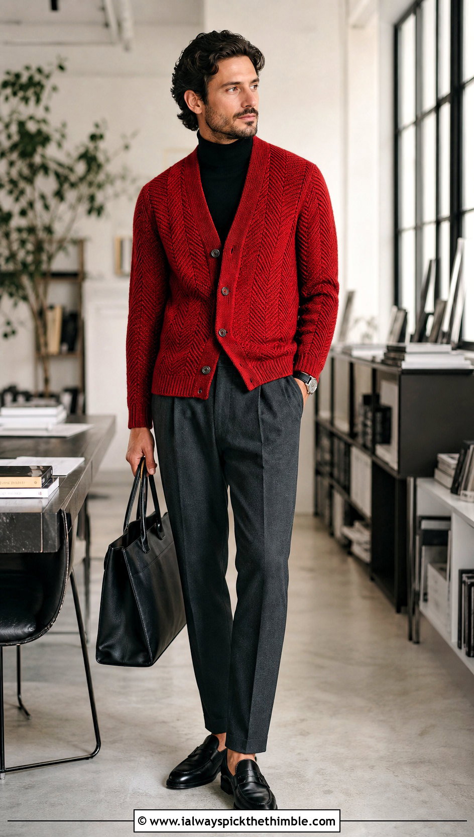 Herringbone Crochet Cardigan With Turtleneck And Suit Pants - 25 mens crochet cardigan outfit ideas