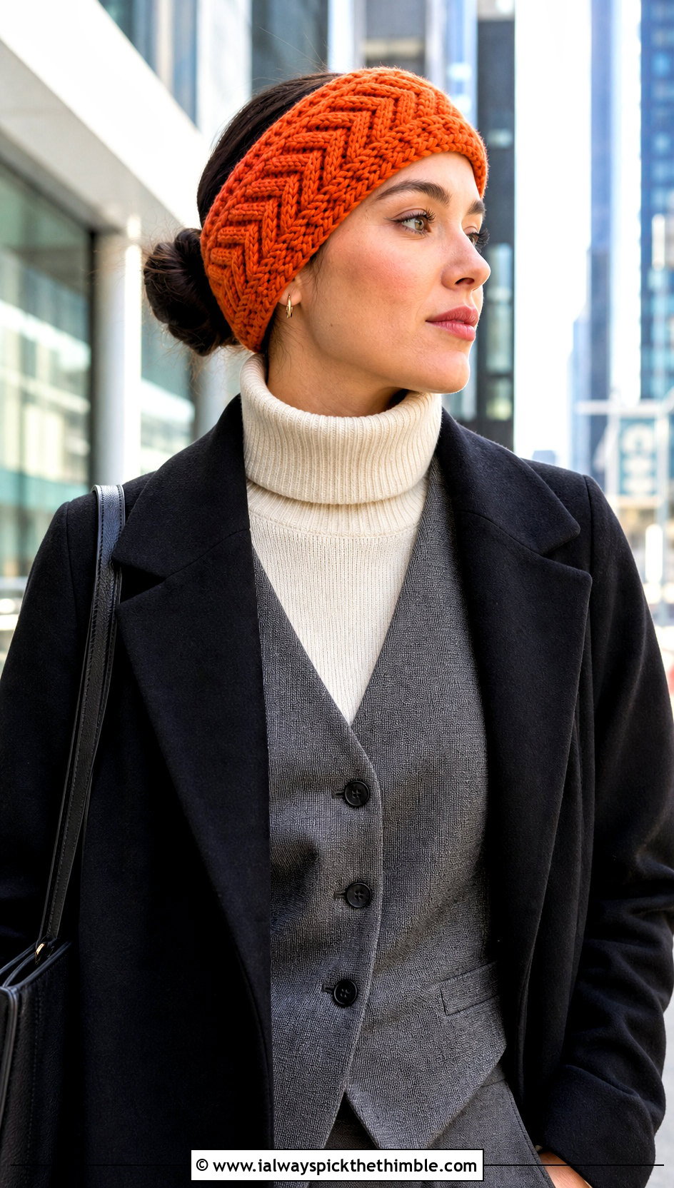 Herringbone Crochet Chunky Ear Warmer With Tailored Vest - 20 Crochet Chunky Ear Warmer outfit ideas