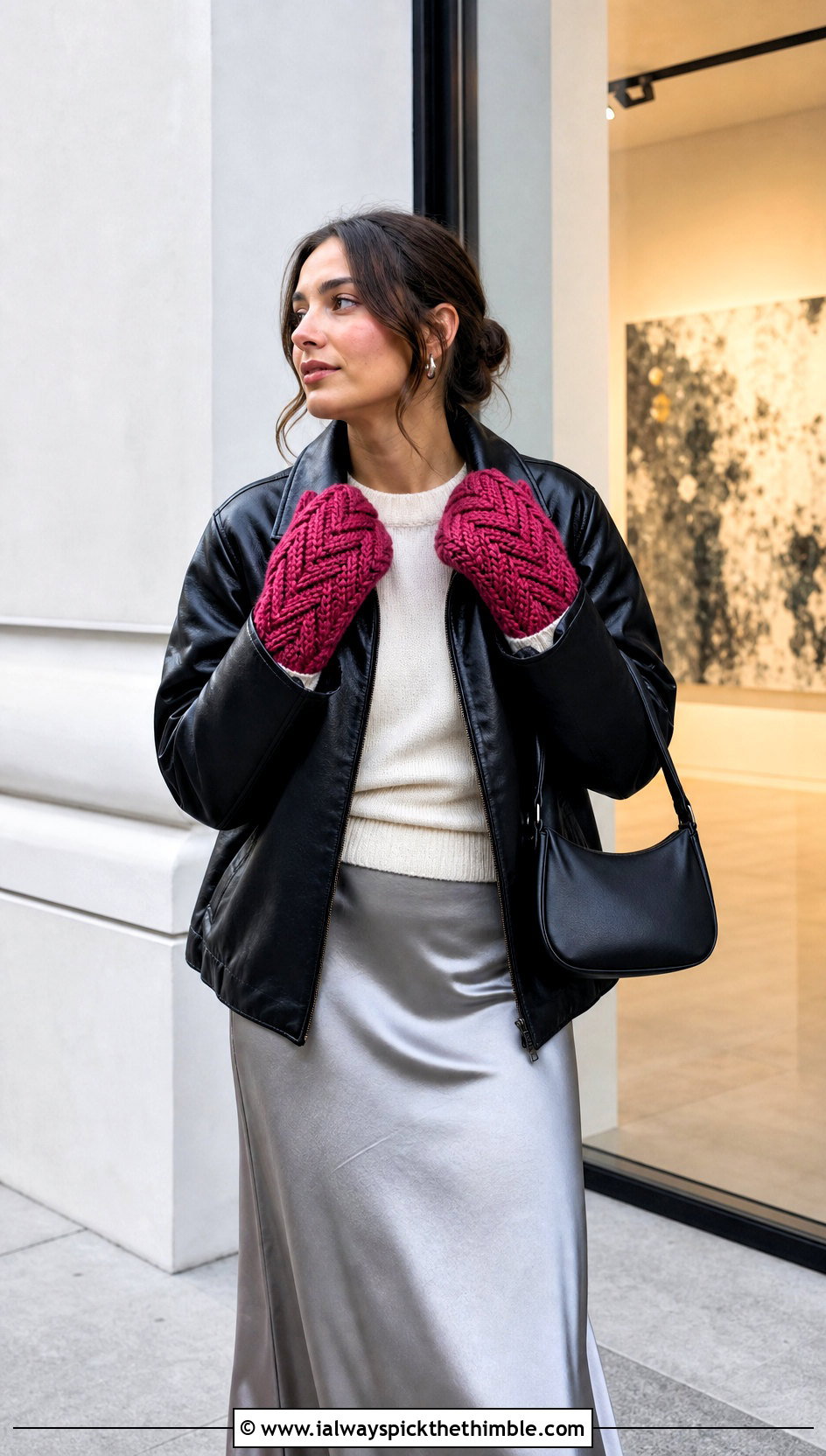 Herringbone Crochet Chunky Mittens With Leather Jacket And Maxi Skirt - 20 crochet chunky mittens outfit ideas