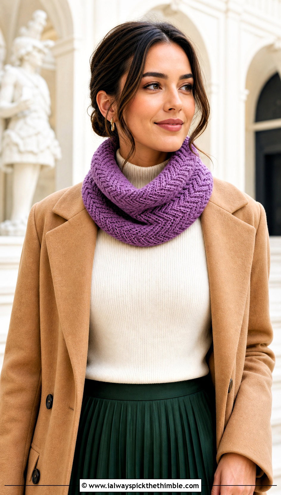 Herringbone Crochet Cowl Scarf With Pleated Midi Skirt - 15 Herringbone Crochet Scarf outfit ideas