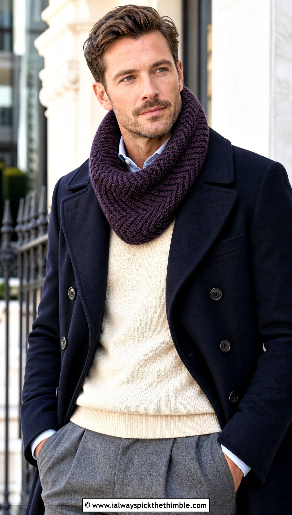 Herringbone Crochet Cowl With Peacoat - 20 crochet cowl for men outfit ideas