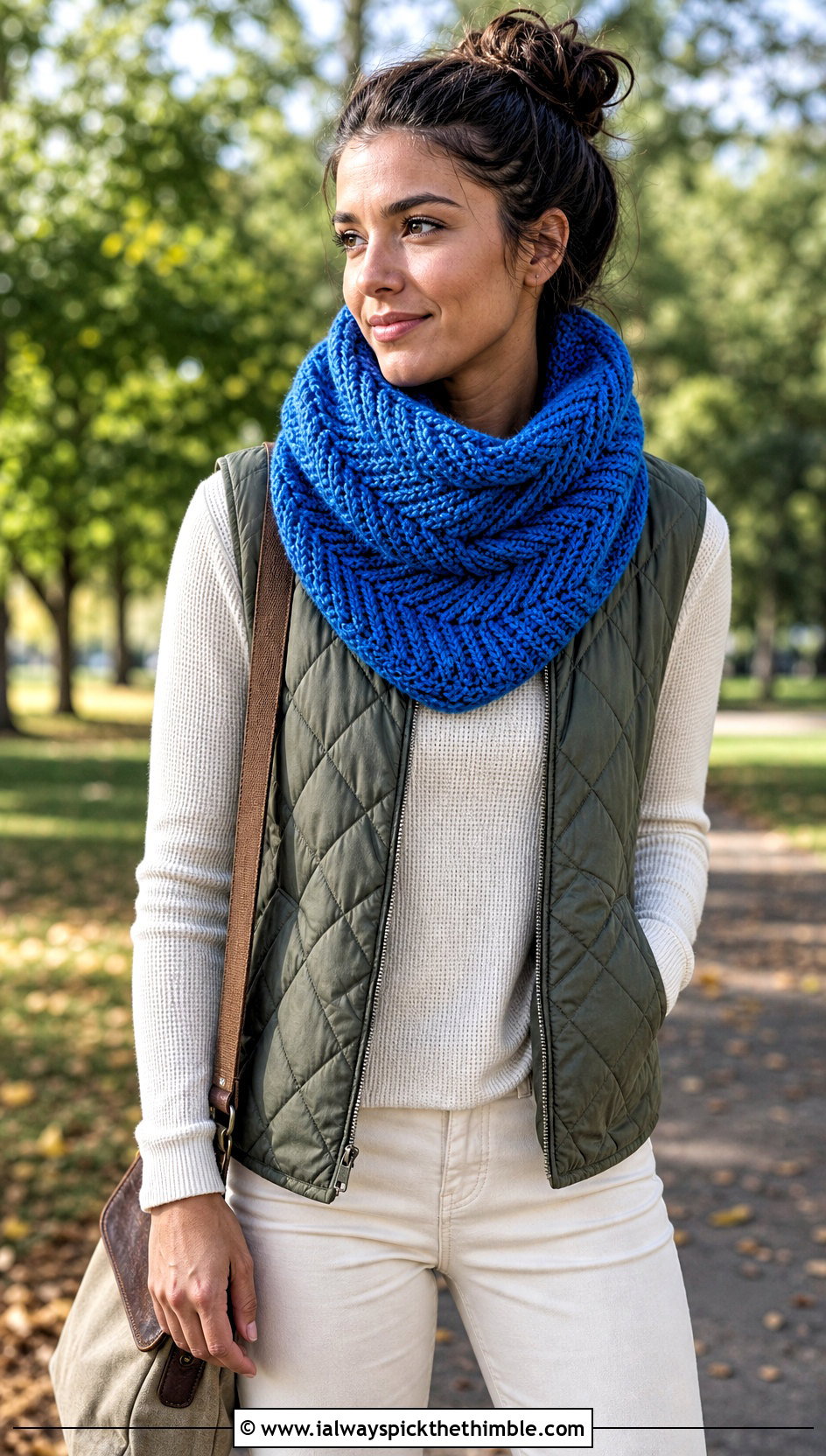 Herringbone Crochet Cowl With Quilted Vest - 20 cowl crochet scarf outfit ideas