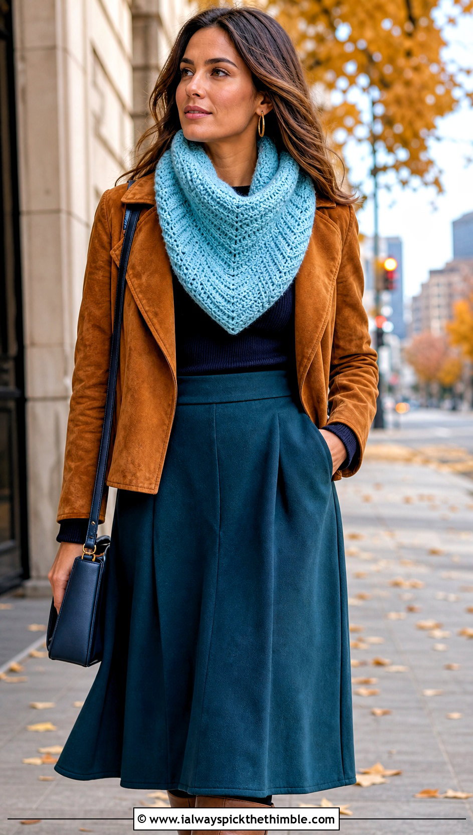 Herringbone Crochet Cowl With Suede Jacket - 20 Simple Crochet Cowl outfit ideas