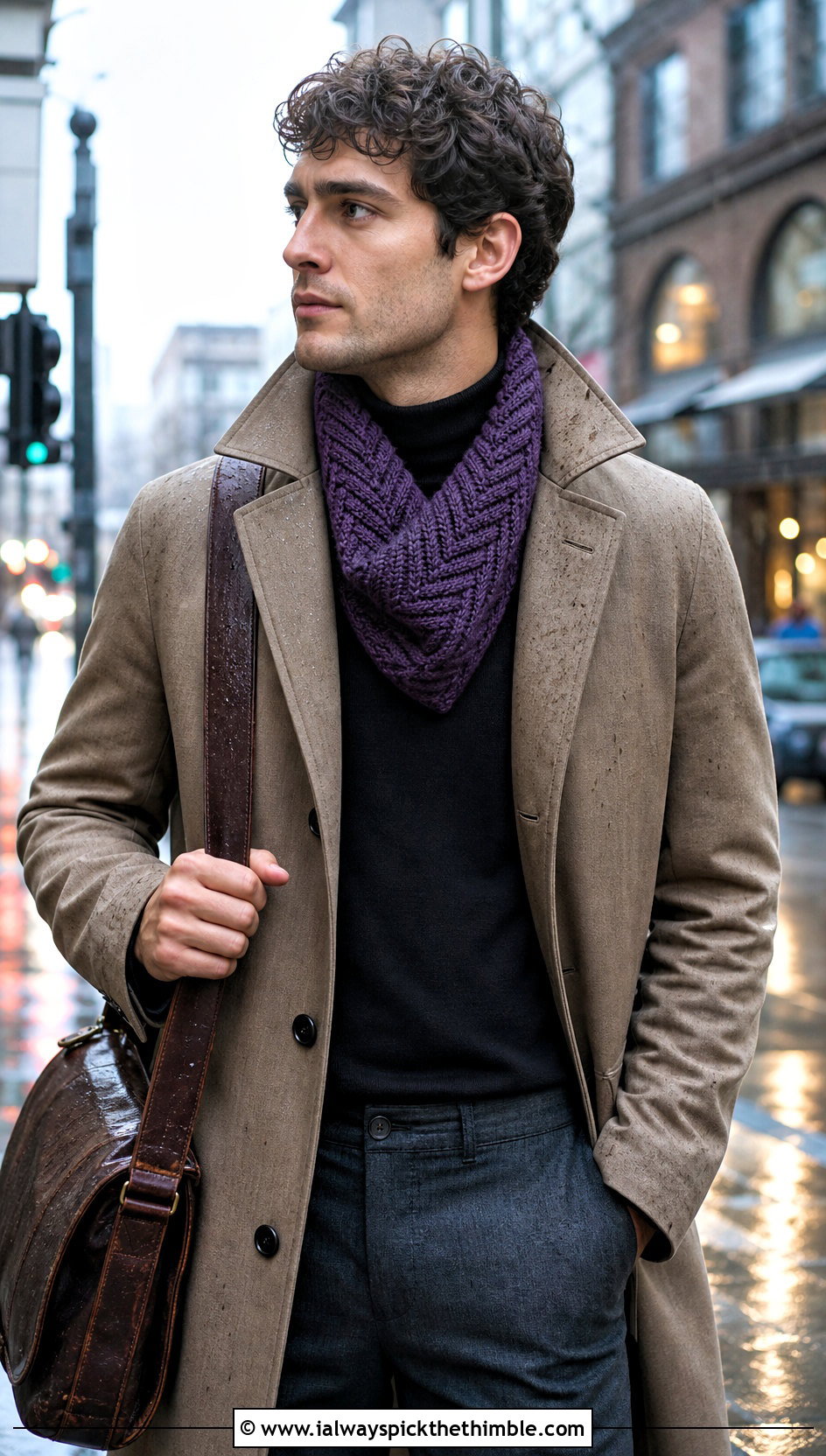 Herringbone Crochet Cowl With Trench Coat - 20 Men Crochet Cowl outfit ideas