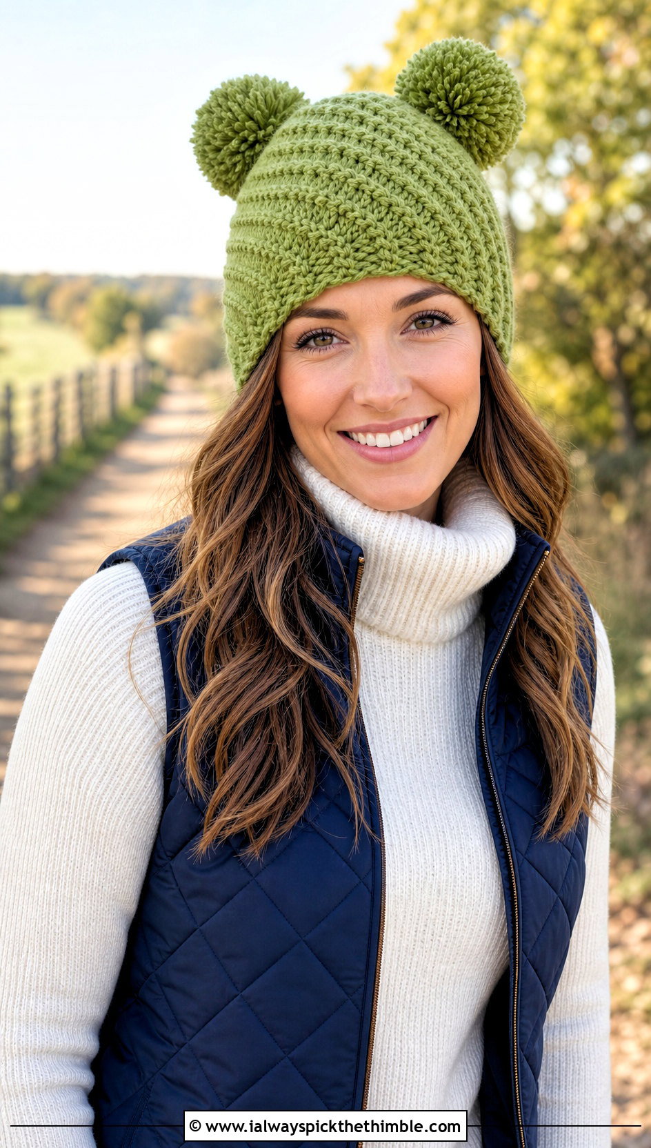 Herringbone Crochet Double Pom Pom Hat With Quilted Vest - 20 Crochet Hat With Two Pom Poms outfit ideas