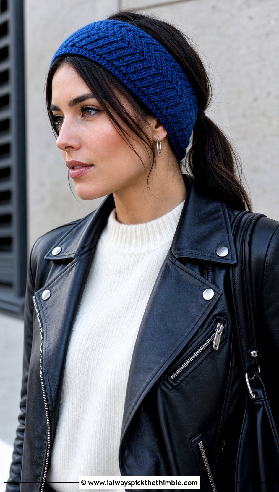 Herringbone Crochet Ear Headband With Leather Jacket - 20 crochet ear headband outfit ideas