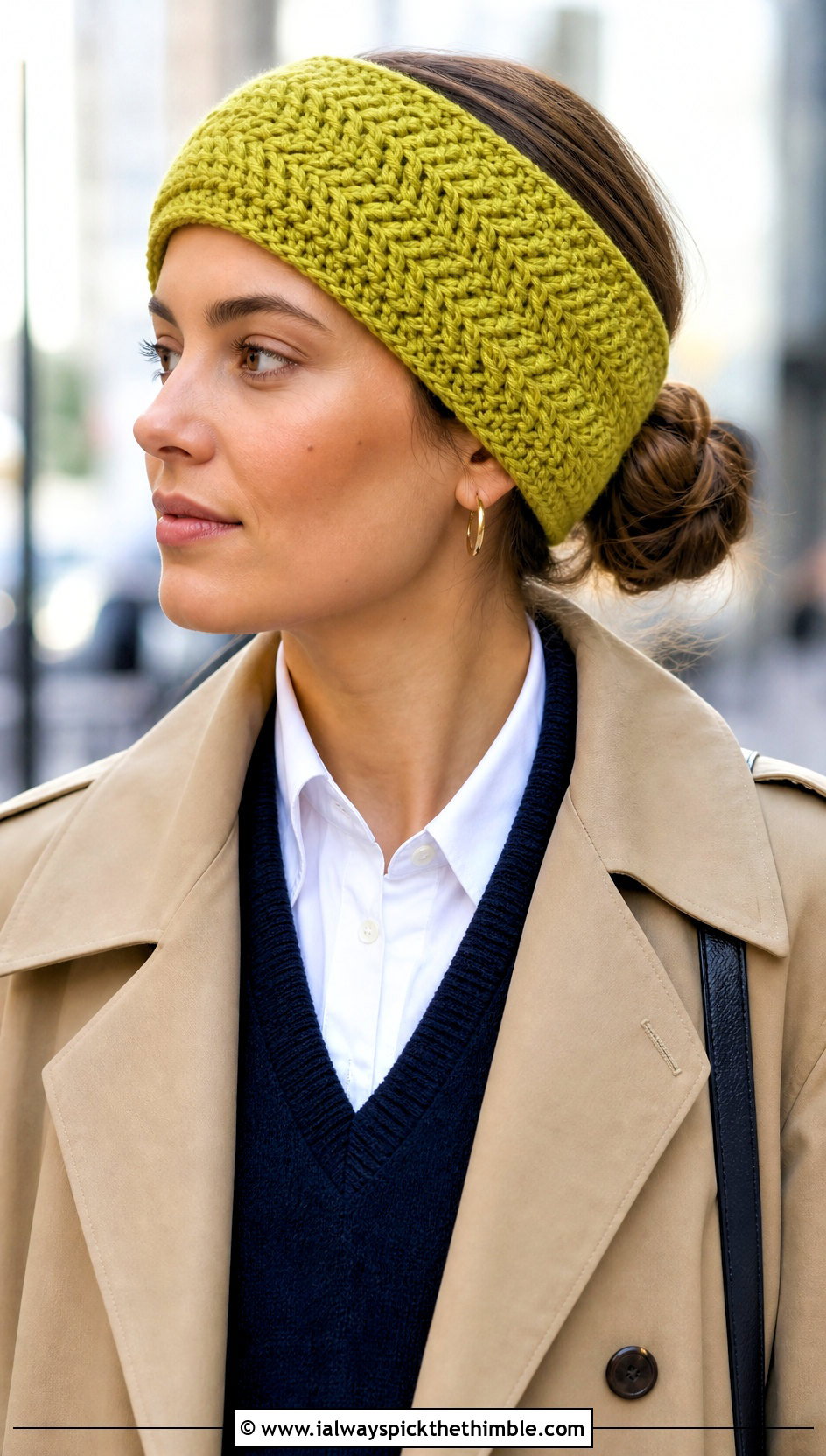 Herringbone Crochet Ear Warmer Headband With Trench Coat - 20 crochet ear warmer headband outfit ideas