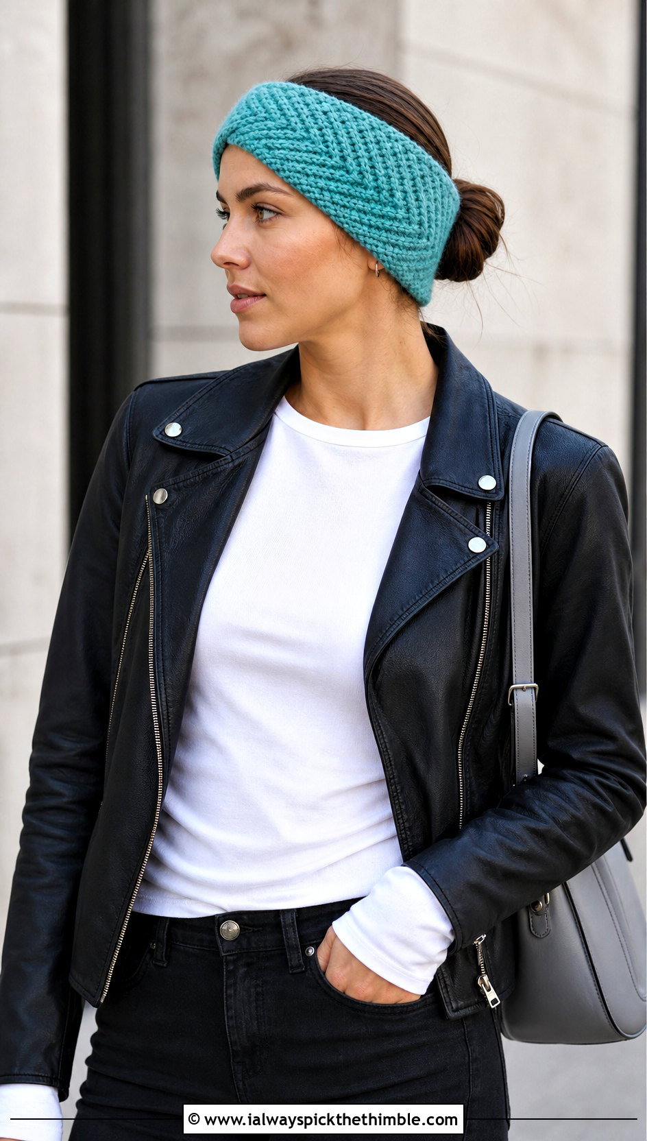 Herringbone Crochet Ear Warmer With Leather Jacket - 15 Easy Crochet Headband Ear Warmers outfit ideas