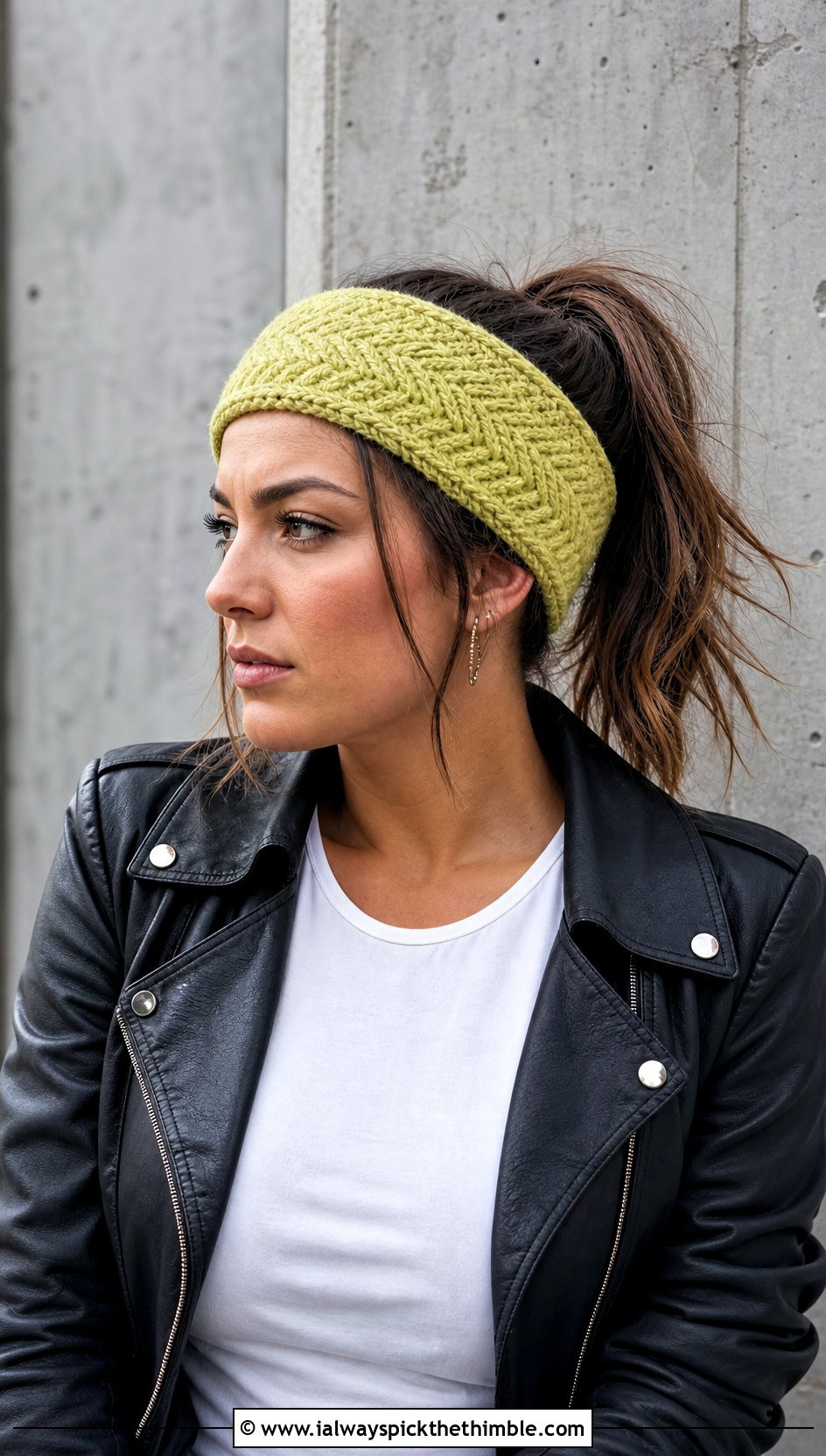 Herringbone Crochet Ear Warmer With Moto Jacket - 25 crochet ear warmer outfit ideas