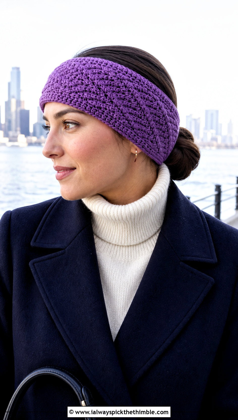 Herringbone Crochet Ear Warmer With Peacoat - 25 crochet ear warmers outfit ideas