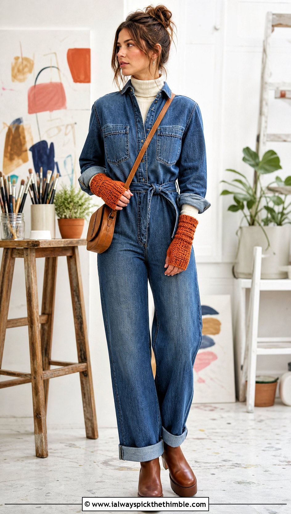 Herringbone Crochet Fingered Gloves With Denim Jumpsuit - 15 Crochet Fingered Gloves outfit ideas