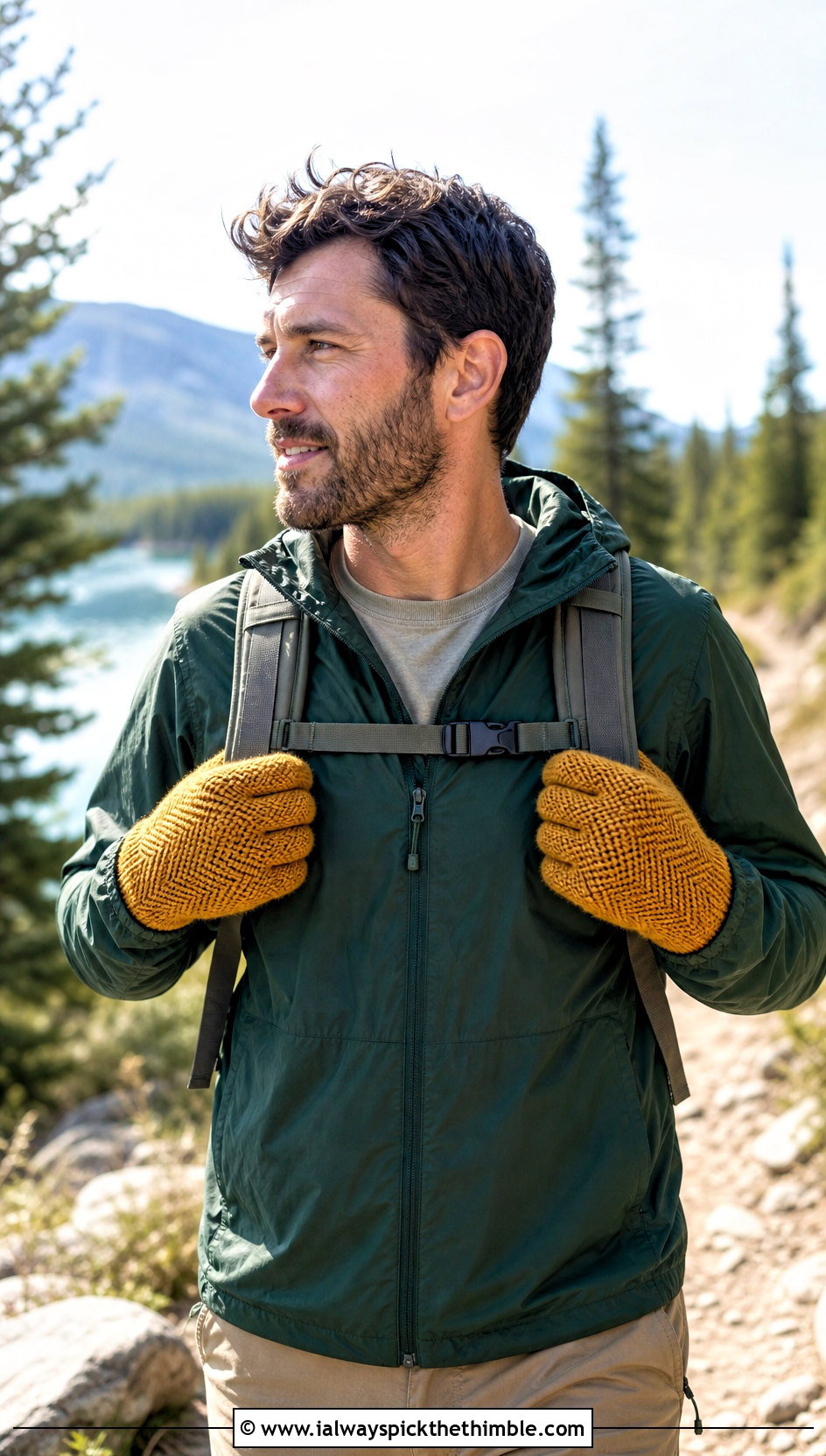 Herringbone Crochet Gloves With Hiking Outfit - 25 crochet gloves for men outfit ideas