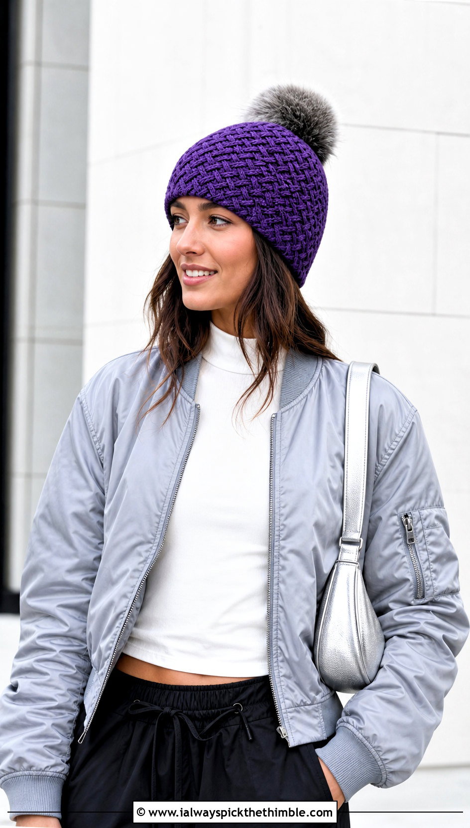 Herringbone Crochet Hat With Fur Pom Pom And Bomber Jacket - 15 Crochet Hat With Fur Pom Pom outfit ideas
