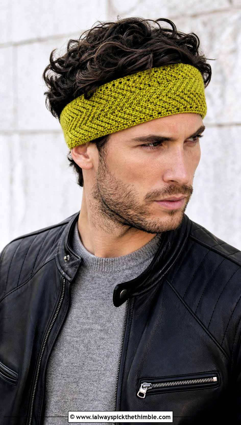 Herringbone Crochet Headband With Leather Jacket - 20 men's crochet headband outfit ideas