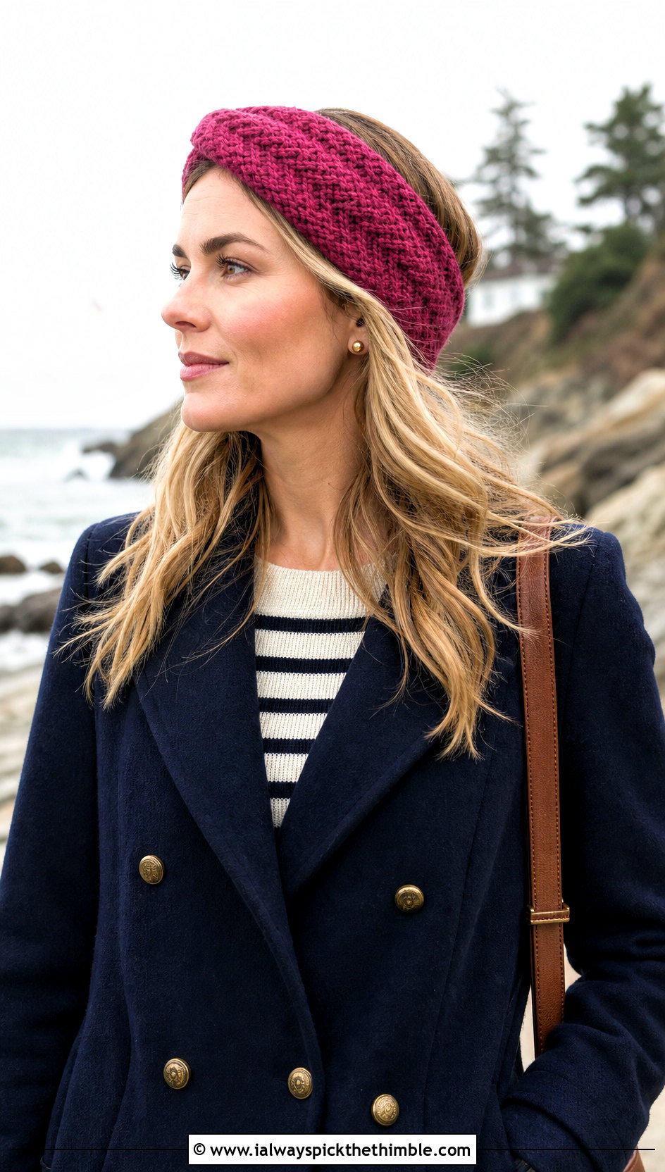 Herringbone Crochet Headband With Peacoat - 20 Easy Crochet Winter Headband outfit ideas