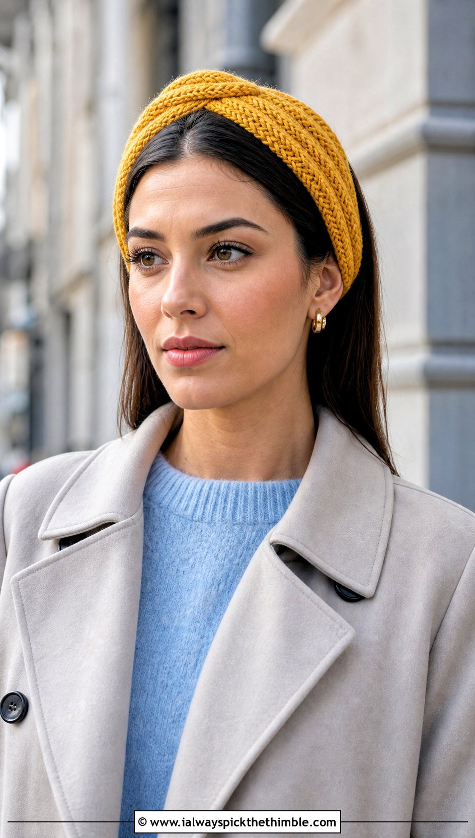 Herringbone Crochet Headband With Winter Trench Coat - 25 winter crochet headband outfit ideas