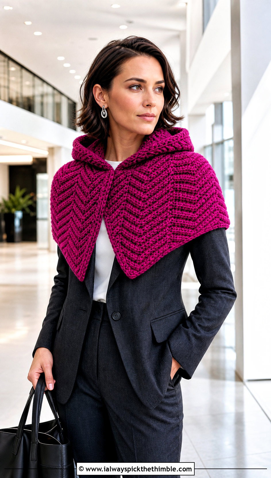 Herringbone Crochet Hooded Cowl With Trouser Suit - 25 crochet hooded cowl outfit ideas