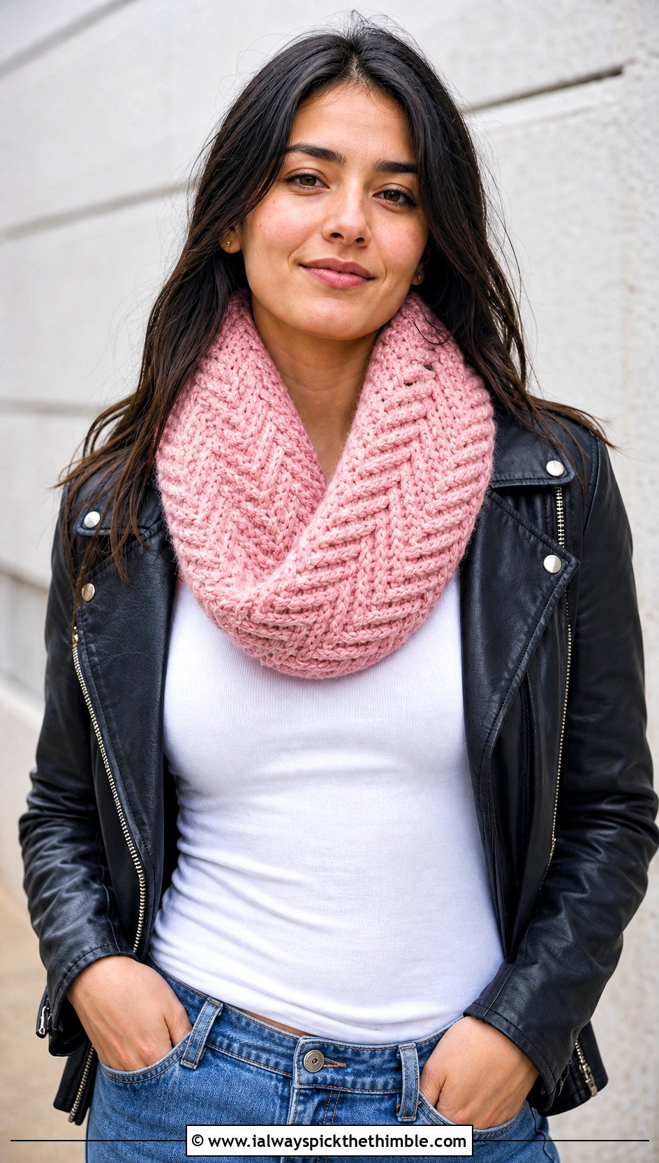 Herringbone Crochet Infinity Scarf With Leather Jacket - 25 crochet infinity scarf outfit ideas