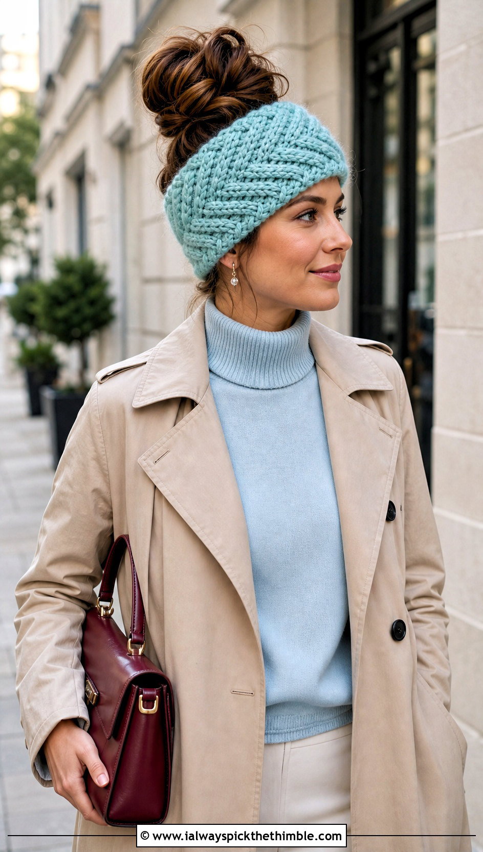 Herringbone Crochet Messy Bun Ear Warmer With Trench Coat - 20 Crochet Messy Bun Ear Warmer outfit ideas