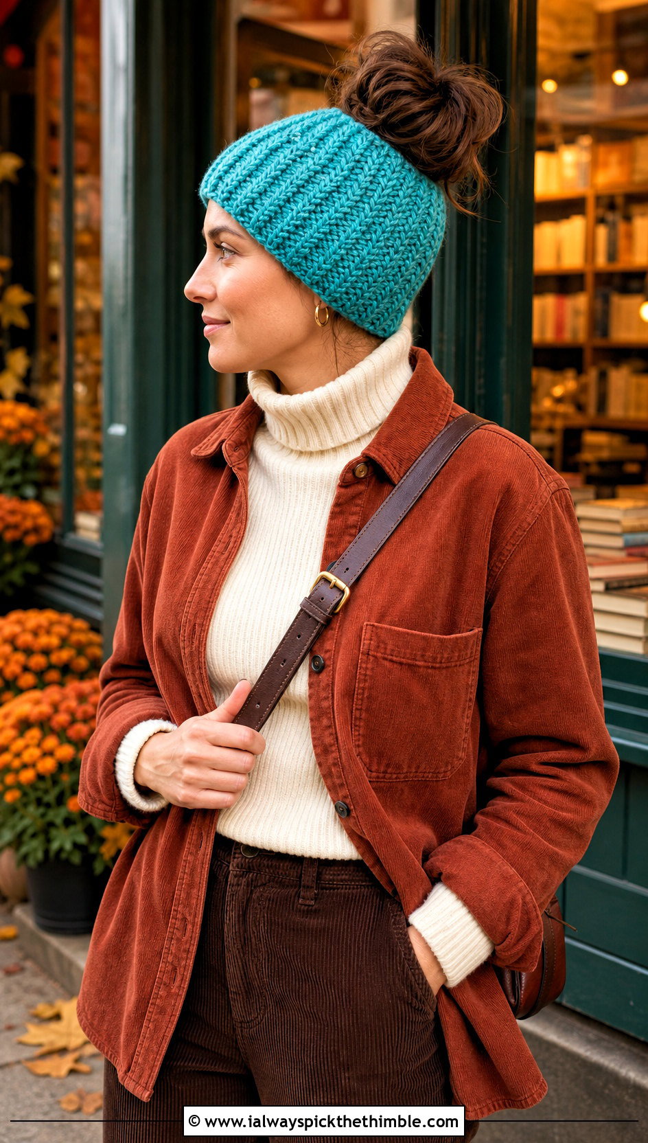 Herringbone Crochet Messy Bun Hat With Elastic And Corduroy Pants - 20 Crochet Messy Bun Hat With Elastic outfit ideas