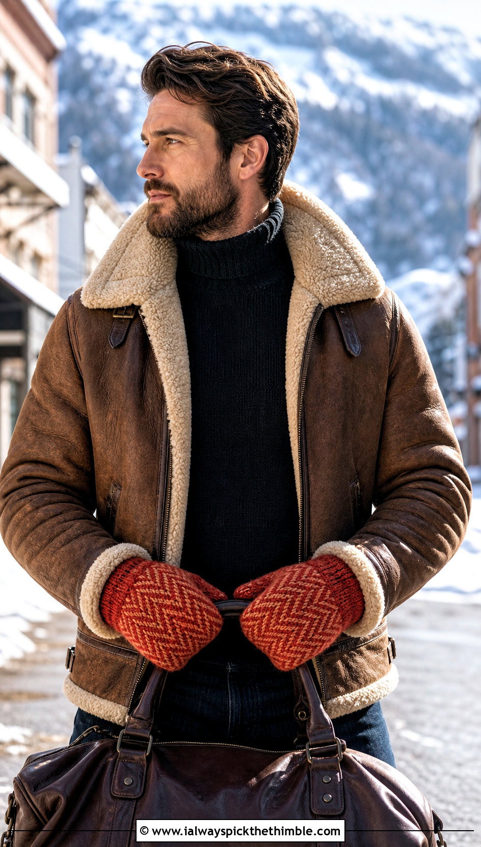 Herringbone Crochet Mittens With Shearling Jacket - 20 Crochet Mens Mittens outfit ideas