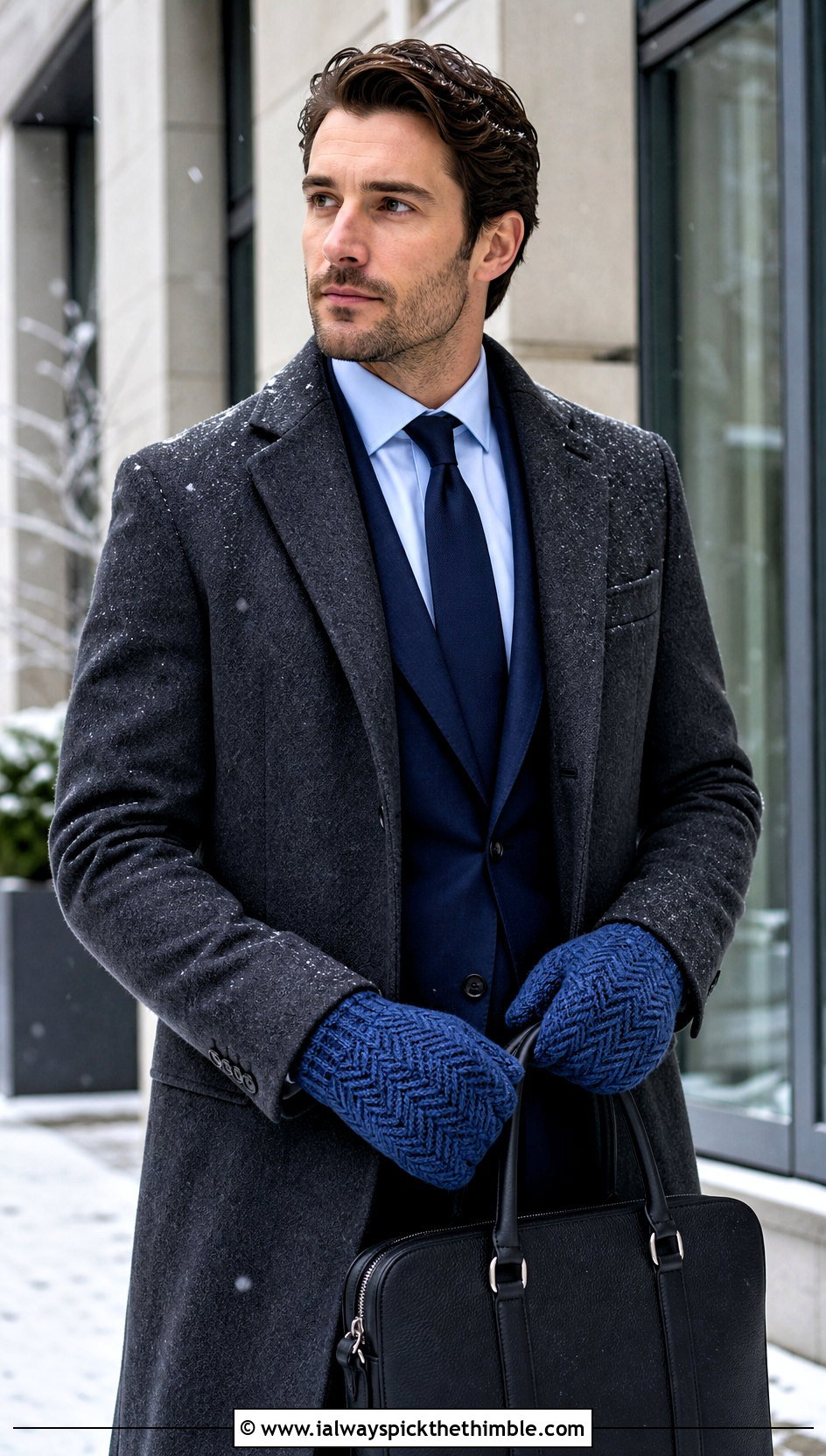 Herringbone Crochet Mittens With Suit And Overcoat - 20 crochet mittens for men outfit ideas