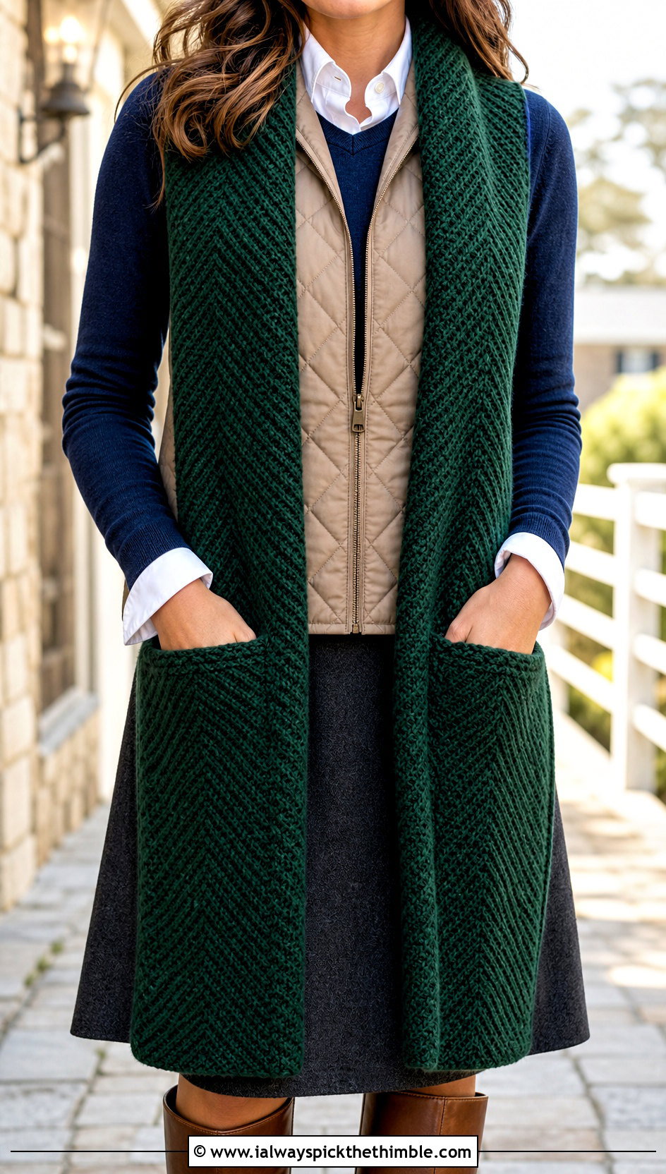 Herringbone Crochet Pocket Scarf With Quilted Vest - 15 Crochet Scarf With Hand Pockets outfit ideas