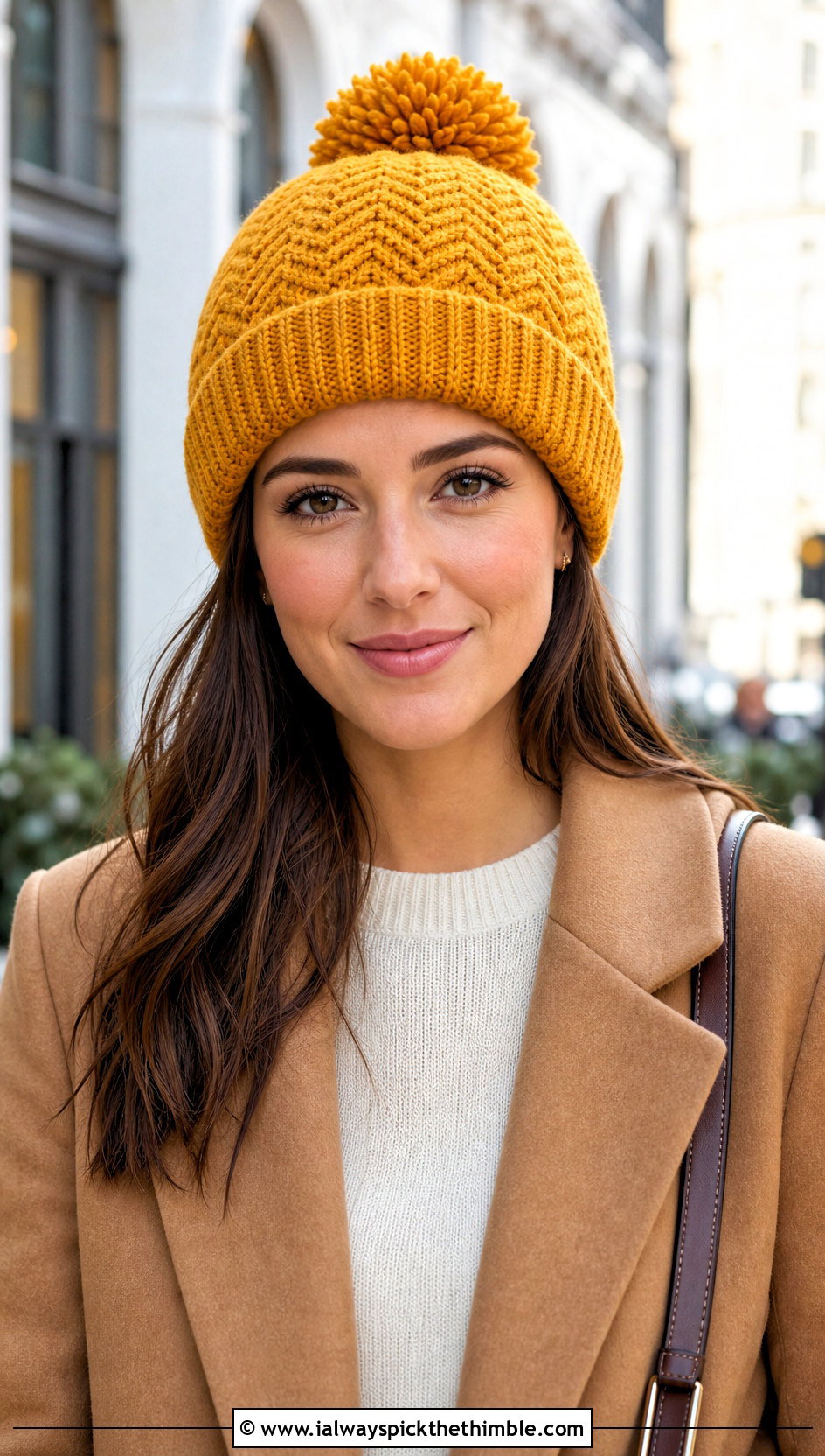 Herringbone Crochet Pom Pom Beanie With Camel Coat - 20 crochet beanie with pom pom outfit ideas