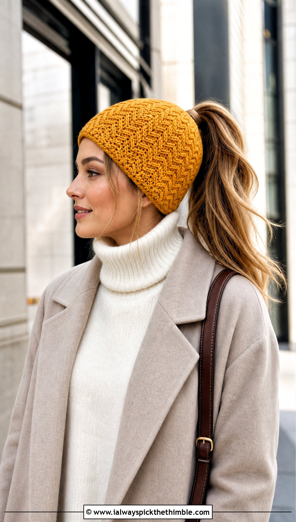 Herringbone Crochet Ponytail Beanie With Monochrome Outfit - 20 Crochet Ponytail Beanie outfit ideas
