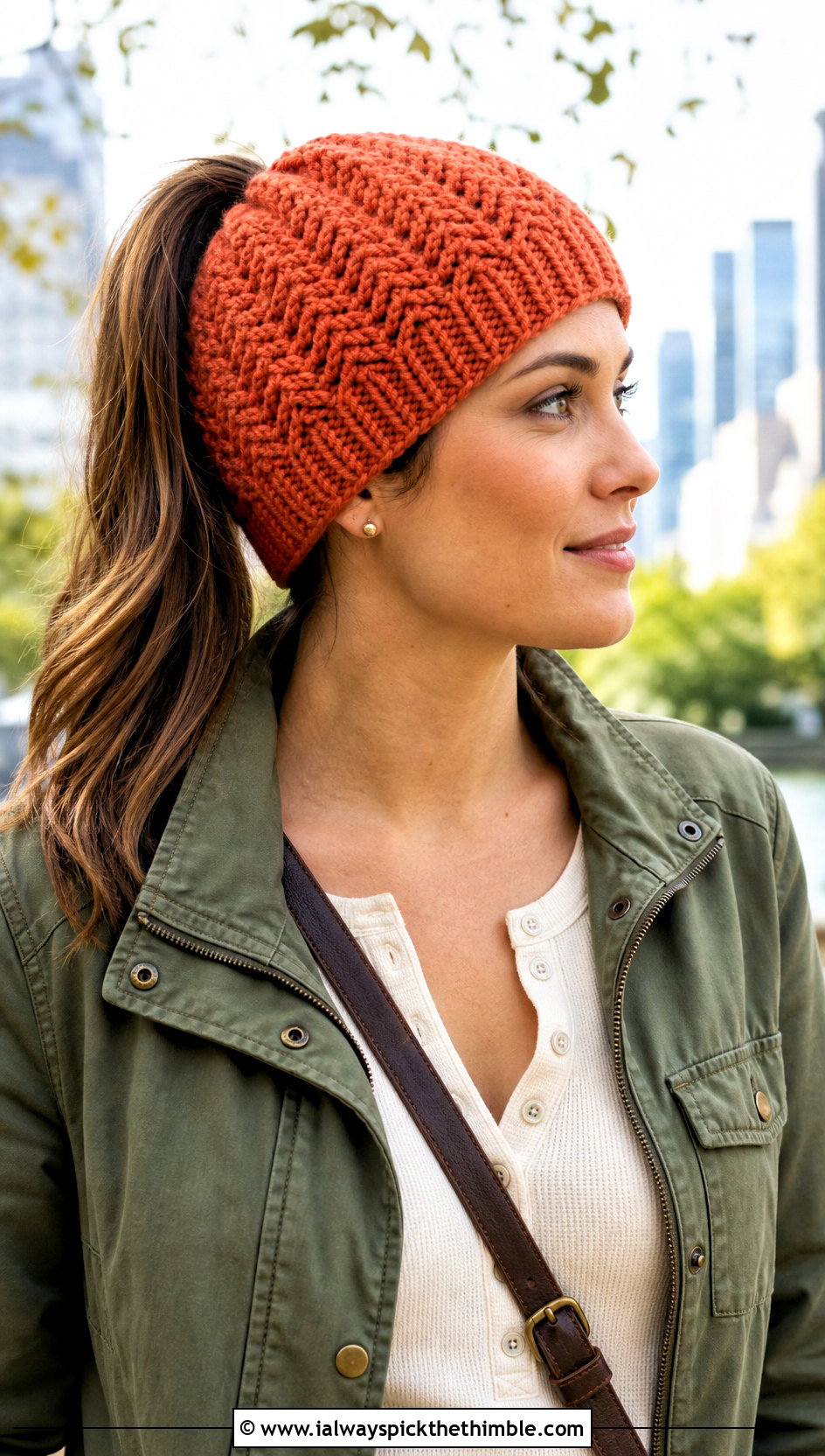 Herringbone Crochet Ponytail Beanie With Utility Jacket - 20 Crochet Beanie With Ponytail Hole Hat outfit ideas