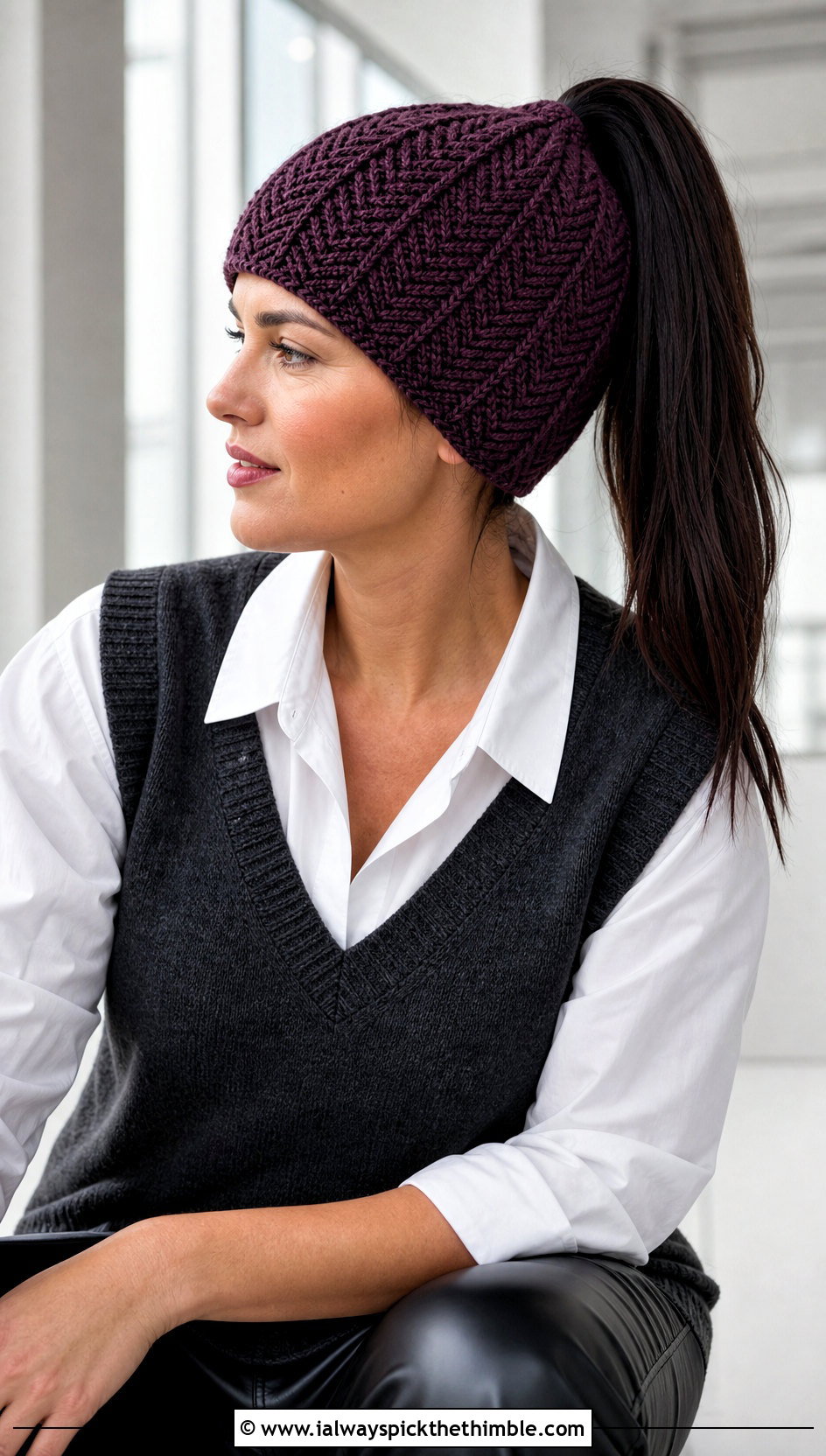 Herringbone Crochet Ponytail Hat With Faux Leather Pants - 25 crochet ponytail hat outfit ideas