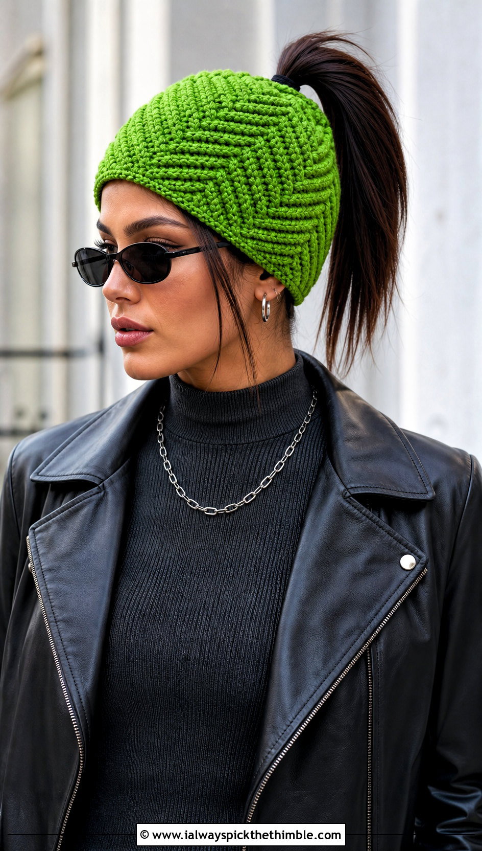Herringbone Crochet Ponytail Hat With Leather Jacket - 20 crochet hat with ponytail hole outfit ideas
