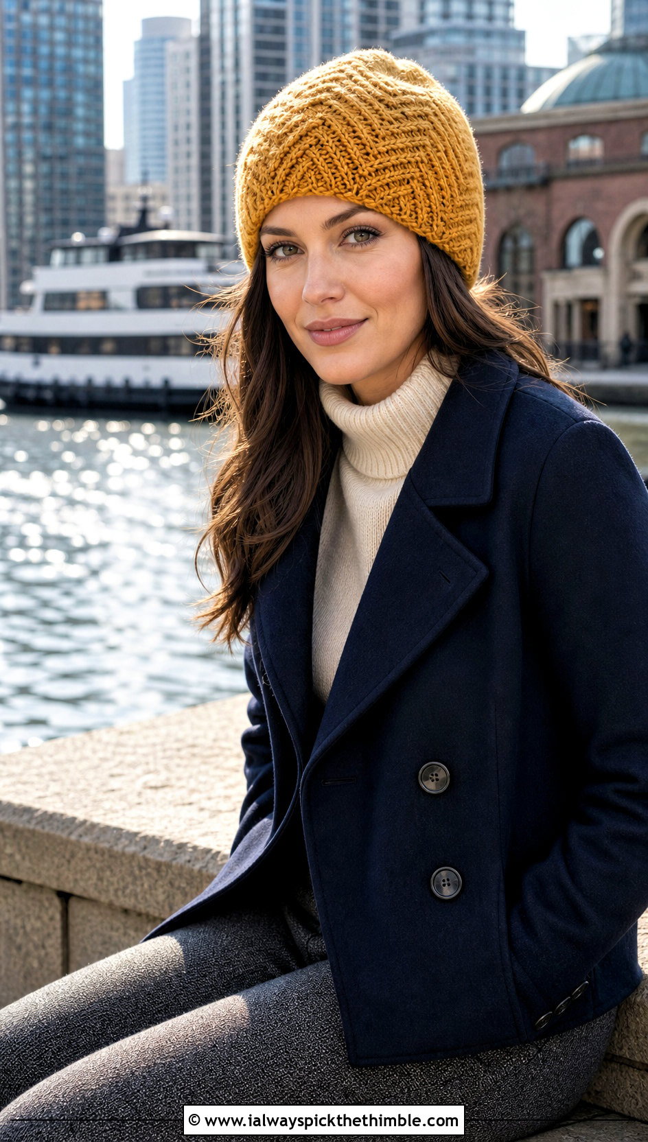 Herringbone Crochet Rectangle Beanie With Peacoat - 20 Crochet Rectangle Hat outfit ideas