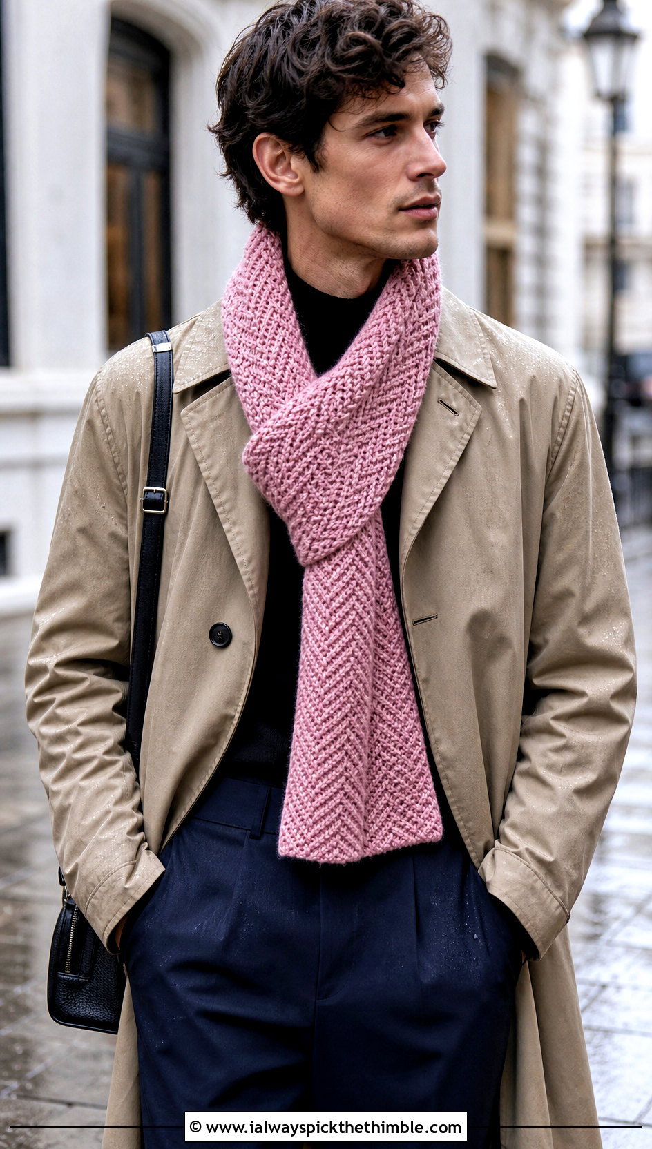 Herringbone Crochet Scarf With Trench Coat - 25 men's crochet scarf outfit ideas